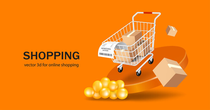 Place receipt paper on the edge of a shopping cart with multiple parcel boxes and all floating in mid-air above round podium,vector 3d isolated on orange background for shopping promotion sale design