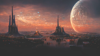 Abstrakte futuristische Landschaft mit der Stadt der Zukunft, Meta-Universum. futuristische stadt, sonnenuntergang. Planet. 3D-Darstellung.