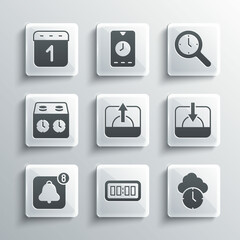 Set Digital alarm clock, Clock, Sunset, Sunrise, Alarm app mobile, Time chess, Calendar and Magnifying glass with icon. Vector