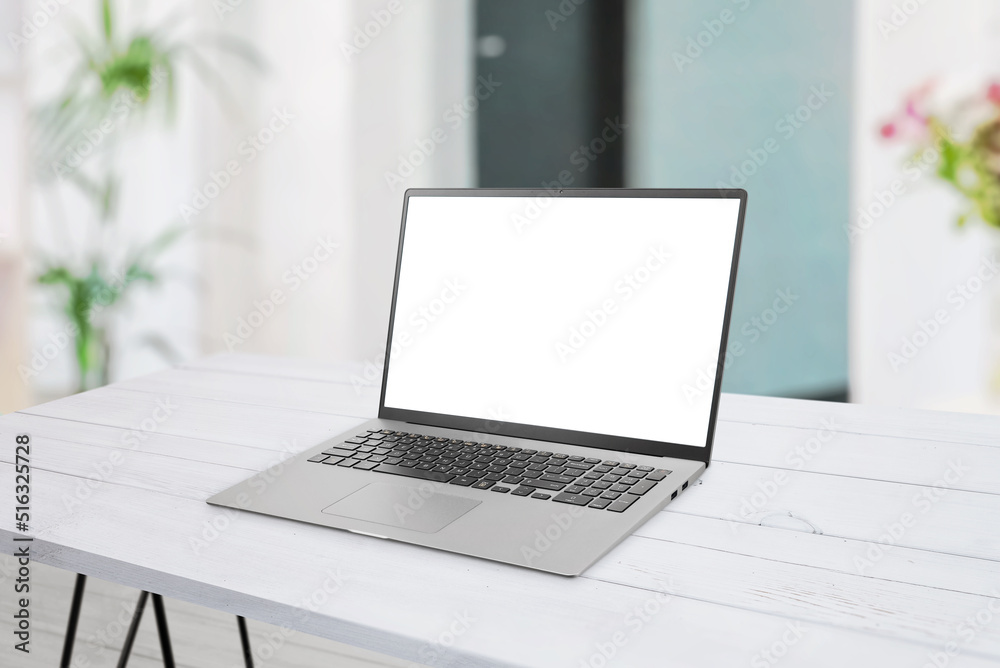 Poster laptop mockup on desk. clean flat composition. isolated display for web page mockup. living room int