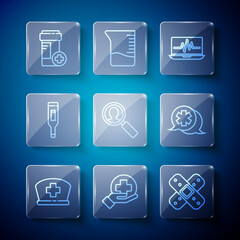 Set line Nurse hat with cross, Cross hospital medical, Crossed bandage plaster, Laptop cardiogram, Medical analysis, digital thermometer, Medicine bottle and Dialogue doctor icon. Vector