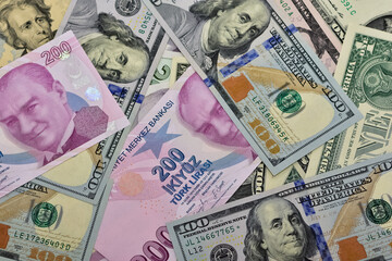 Turkish lira and dollar bills.
