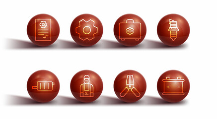 Set line Auto service check automotive, Car muffler, spark plug, battery jumper power cable, mechanic, Gear, and Toolbox icon. Vector