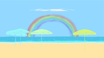 Fototapeta na wymiar rainbow arc on a blue sky over an greenish blue sea on a beach, three big umbrellas on the beach, vector illustration