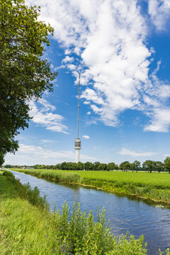 Landscape with Beilervaart and transmission tower Smilde in the backgroundThe Netherlands