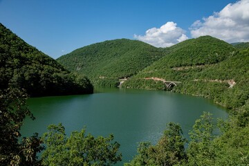 Debar lake in North Macedonia with green forest mountains