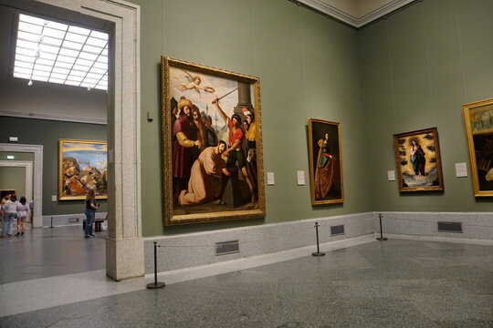MADRID, SPAIN, JULY 11, 2022: Interior of the Museum de Prado. The Prado Museum, officially known as Museo Nacional del Prado, is the main Spanish national art museum, located in central Madrid.