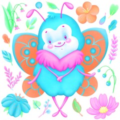 A cute little butterfly surrounded by various colorful plants, lots of pretty flowers and leaves. Digital drawing, illustration.