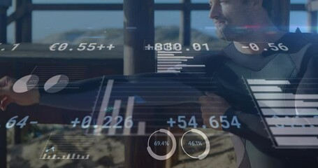 Animation of digital data processing over caucasian surfer - Powered by Adobe