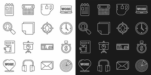 Set line Target sport, Time is money, Clock, Cup of tea with tea bag, Post note stickers, Magnifying glass for search people, Spiral notebook and Head hunting concept icon. Vector