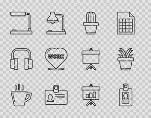 Set line Coffee cup, Identification badge, Cactus and succulent in pot, Table lamp, Heart with text work, Chalkboard diagram and Plant icon. Vector