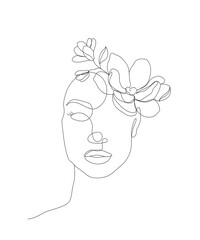 Female faces in one line art style with flowers and leaves. Continuous line art in elegant style for prints, tattoos, posters, textiles, postcards