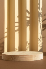 Geometric wooden podium on an abstract beige and brown background with a shade of palm leaves. A scene with a geometric background. Backdrop for the product presentation