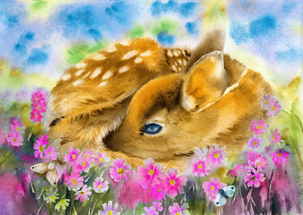 Watercolor illustration of a small brown and white-spotted baby deer sleeping among colorful wildflowers