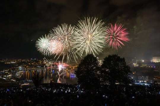 Fireworks on the Douro river in Porto, Portugal, celebrating Festas de S&atilde;o Jo&atilde;o - John the Baptist