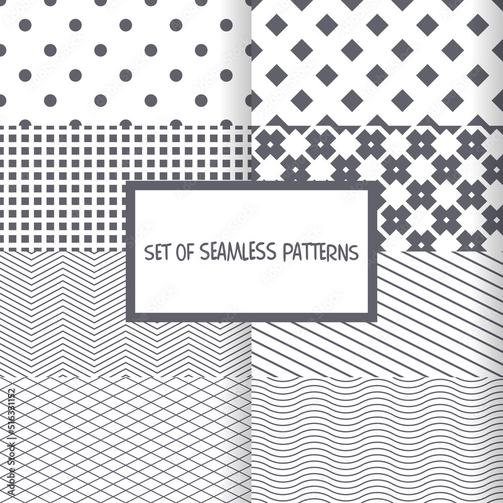 Poster Vector set. Seamless geometric set patterns. Collection of patterns easy to print. Crosses, circles, waves, grid, polka dots, diagonal lines.