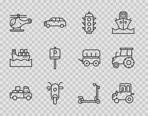Set line Delivery truck, Tractor, Traffic light, Scooter, Helicopter, Parking, and icon. Vector
