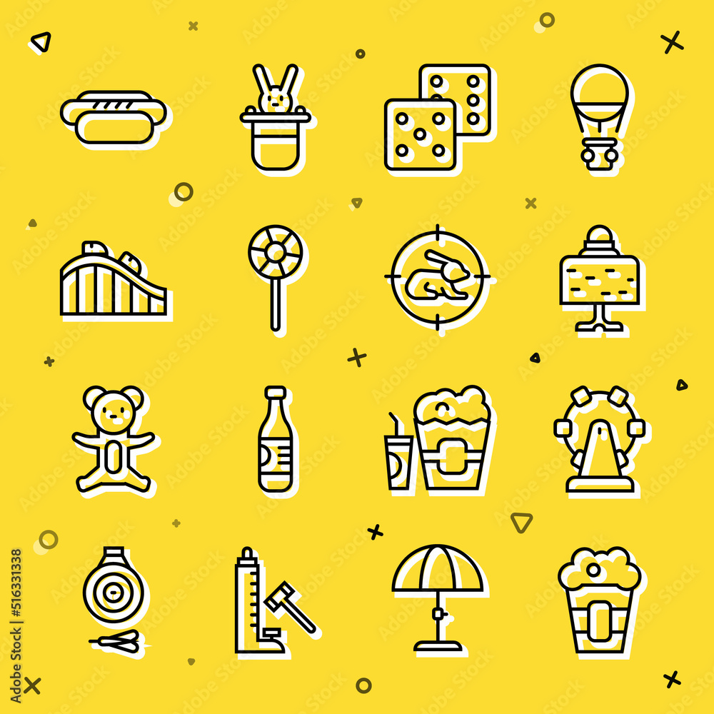 Sticker Set line Popcorn in box, Ferris wheel, Magic ball on table, Game dice, Lollipop, Roller coaster, Hotdog and Hunt rabbit with crosshairs icon. Vector