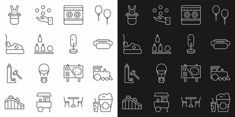 Set line Popcorn in box and glass, Toy train, Hotdog, Shooting gallery, Bottles ball, Bumper car, Magician hat rabbit and Tree icon. Vector
