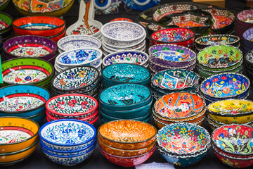 Mediterranean style ceramic bowls at Brick Lane Market in London