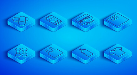 Set line Sports nutrition, Mobile with heart rate, Location gym, Sleeveless T-shirt, Punching bag, Bathroom scales, Dumbbell and icon. Vector