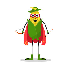 Funny cartoon corn superhero in superhero costume. character vegetable . Concept of healthy diet, natural vegetarian organic products. Cute food vegetable corn in cloak of super hero and mask. 