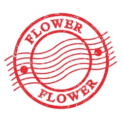 FLOWER, text written on red  postal stamp.