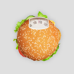 Unusual combination of usual things. Tasty burger as an weight scale on grey background. Diet concept. Flat lay. Minimal food concept. Collage made out of burger and weight scale. Modern art collage..
