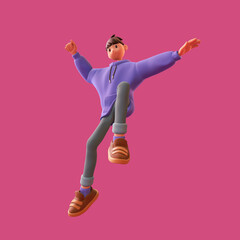 Young tall cute excited funny smiling сasual asian active brunette guy wears fashion clothes blue hoodie, gray jeans, brown sneakers jump up in air have fun, rejoice, joy. 3d render on pink backdrop.