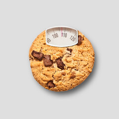 Chocolate chip cookie as an weight scale on grey background. Diet concept. Top view. Minimal food concept. Collage made out of Chocolate chip cookie and weight scale. Contemporary art collage.