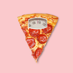  Pepperoni pizza as an weight scale on pink background. Diet concept. Flat lay. Minimal food concept. Collage made out of pizza slice and weight scale. Contemporary art collage.
