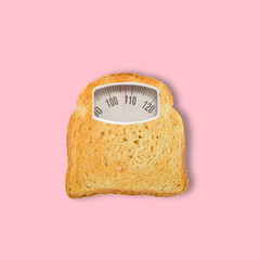 Sliced Toast Bread as an weight scale on pink background. Diet concept. Top view. Minimal food concept. Collage made out of toast slice and weight scale. Contemporary art collage.