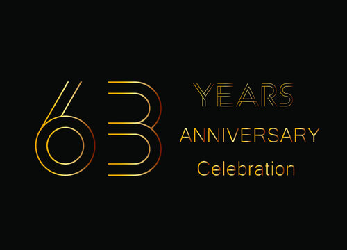 63 Years anniversary celebration. Design golden color isolated on black background for celebration event.