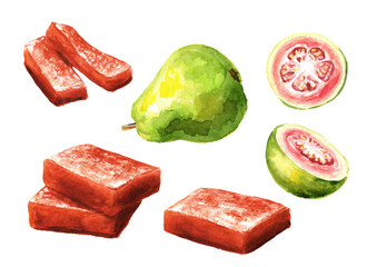 Homemade Guava marmalade, jam, jelly set. Hand drawn watercolor illustration  isolated on white background