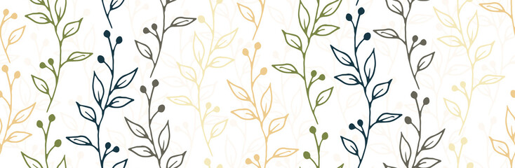 Berry bush twigs organic vector seamless pattern. Cozy floral graphic design. Wild plants leaves and bloom illustration. Berry bush sprigs linear endless swatch © SunwArt