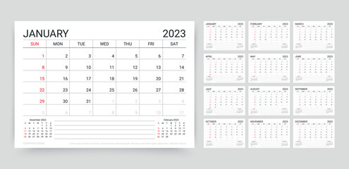 Calendar 2023 year. Planner template. Vector illustration. Desk schedule grid.