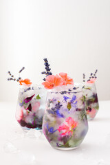 Refreshing cold drink with frozen flowers, cornflowers and geraniums, osteosperum and lavender and carnation