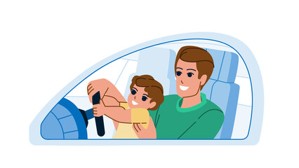 father son drive vector. dad kid car, boy vehicle, happy trip instructor father son drive character. people flat cartoon illustration