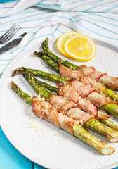 Grilled green asparagus wrapped with bacon. Ketogenic diet. Healthy food, diet