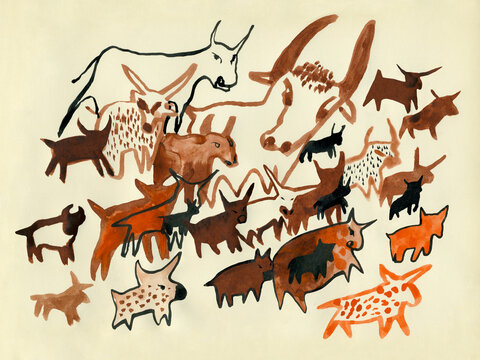 Bulls and cows of different breeds. Cave drawings.