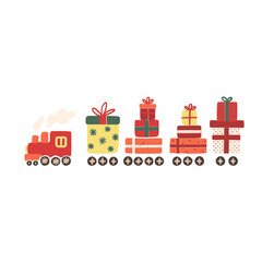 Cute retro locomotive engine, the steam train delivers gift boxes with bows and ribbons. Christmas vintage illustration