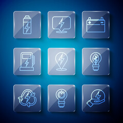 Set line Battery with recycle, Light bulb lightning, Lightning bolt, Car battery, Electric car charging station, and leaf icon. Vector