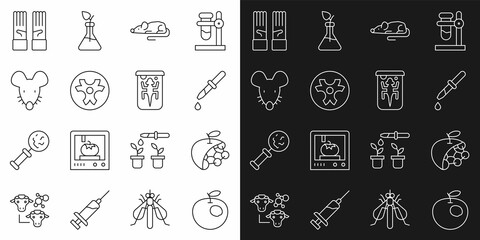 Set line Genetically modified apple, Biological structure, Pipette, Experimental mouse, Biohazard symbol, Medical rubber gloves and animal icon. Vector