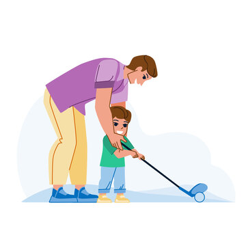 Father Son Golf Vector. Parent Children Play, Child Course Young Club Father Son Golf Character. People Flat Cartoon Illustration