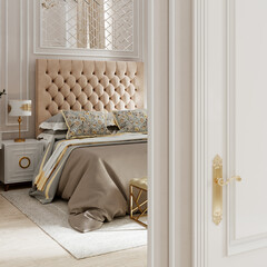 Modern bedroom interior in beige tones. 3d rendering Empire style