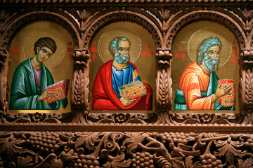 Fototapeta premium Icons on church iconostasis at Aghiou Pavlou monastery on Mount Athos