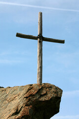 Cross on a rock facing Mount Athos