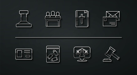 Set line Stamp, Identification badge, Envelope, Scales of justice, Evidence bag and bullet, Jurors, Judge gavel and Holy bible book icon. Vector