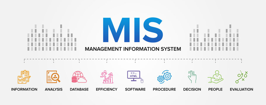 MIS - Management Information System vector icons set infographics background.