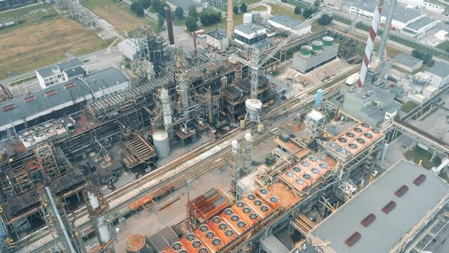 Rusty Old Working Factory, Huge Area, Smoke and Air Pollution, Smokestacks, Heavy Industry, Exterior, Aerial View